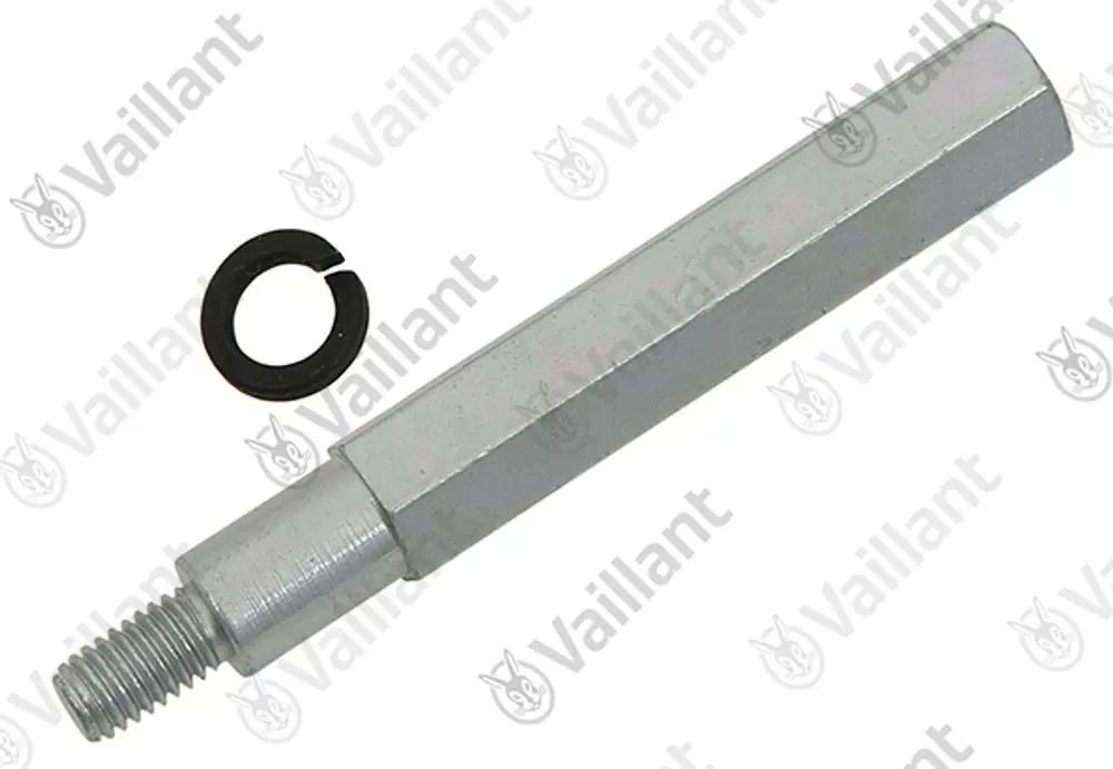 Metallisches Distanzstück mit einem quadratischen und einem gewindeendspezifischen Teil, zusammen mit einem schwarzen Sicherungsring. Produkt von Vaillant.